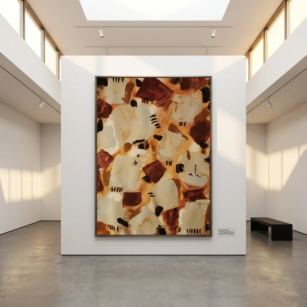 Obra Piel de la Tierra de G. M. Lianes expuesta en una luminosa galería de arte moderno con abundante luz natural